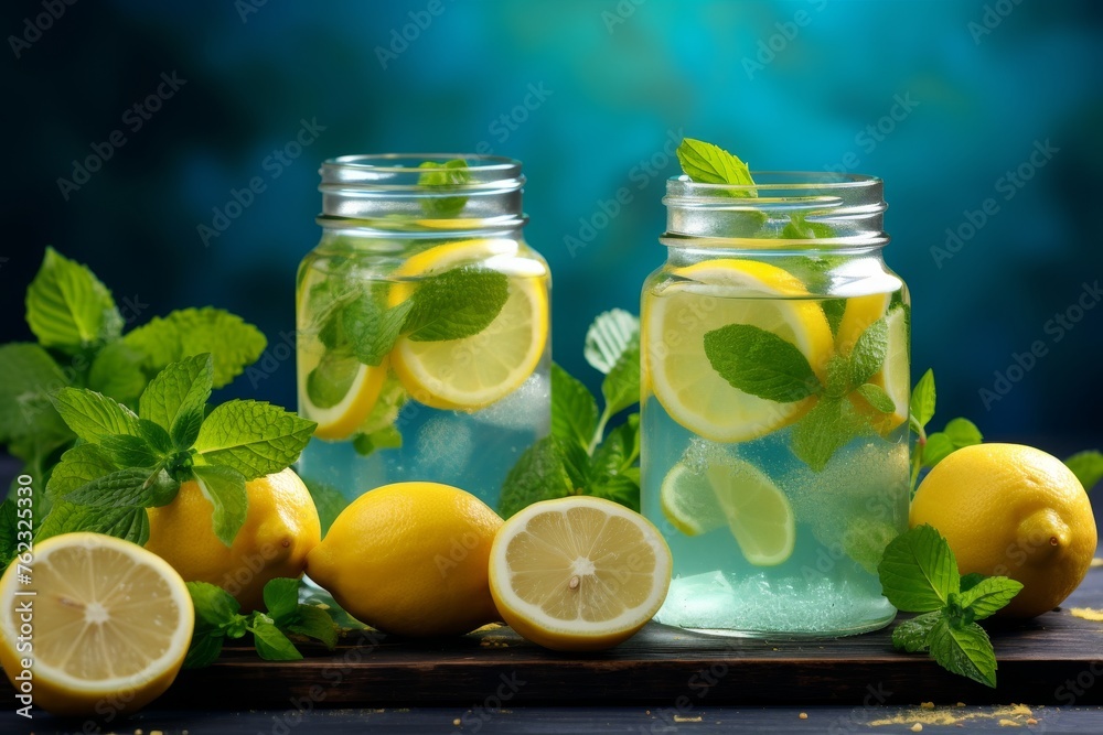 Refreshing homemade summer lemonade in mason jars with ice and fresh lemon slices Refreshing homemade summer lemonade in mason jars with ice and fresh lemon slices