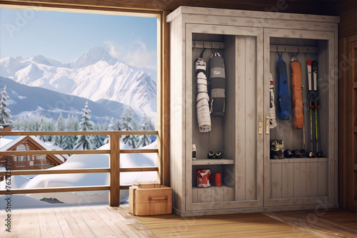 Winter sports equipment storage room with a view of the snowy mountains