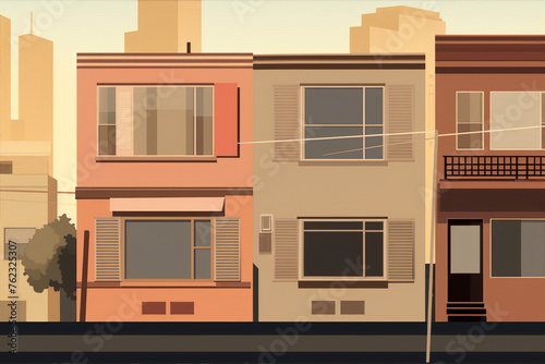Cityscape with three houses in warm colors with a hint of retro style © hanansn