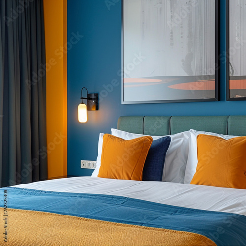 photo with maximum reality of a bedroom, tidy and aesthetic, with blue, white and orange colors. photo