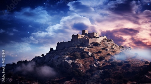Ruins of an old castle, mystical landscape of misty hills and starry night sky, magical concept, banner