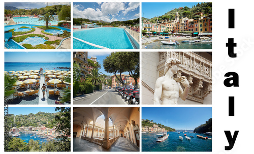 Collage with sunny Italy views of Ceriale, Portofino, Liguria, Genoa