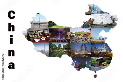 Photography Map of China with Guangzhou and Shanghai cities views, collage
