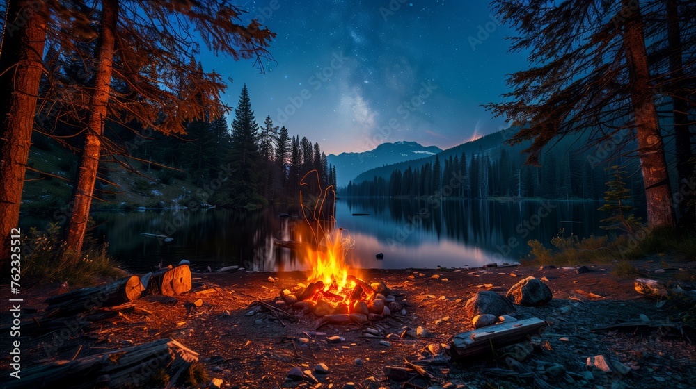 Serene camping night by a tranquil lake under starry sky Serene camping night by a tranquil lake under starry sky
