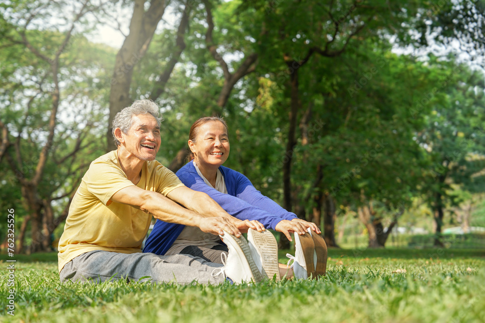 happy asian senior couple in sportswear stretching legs before exercise in the summer park,elderly health care,wellness,wellbeing happy asian senior couple in sportswear stretching legs before exercise in the summer park,elderly health care,wellness,wellbeing