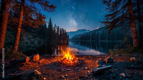 Serene camping night by a tranquil lake under starry sky