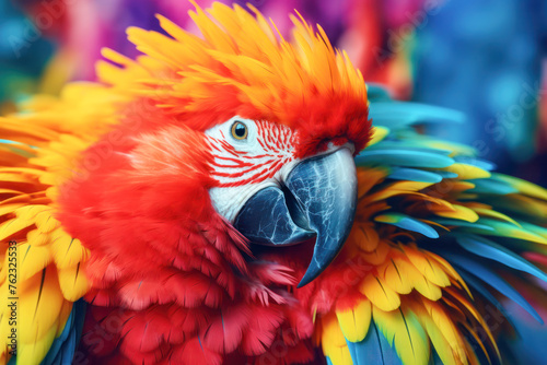 Vibrant Parrot in Full Plumage. A close-up portrait of a magnificent parrot, its feathers a vivid explosion of red, yellow, and blue hues.