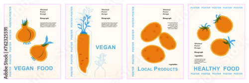 Onions, daikon radish, potatoes, tomatoes. Set of posters to illustrate vegan and healthy food. Collection of vintage risographic prints.
