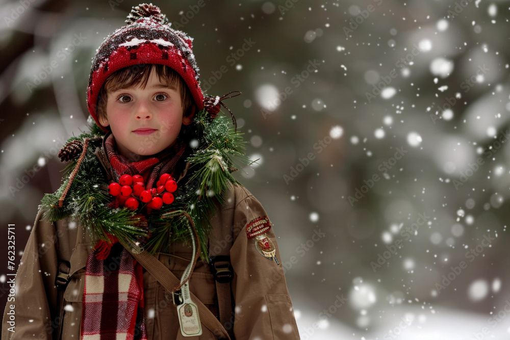 kid on scouting trip with christmas theme kid on scouting trip with christmas theme