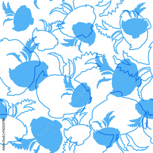 Bright abstract blue kohlrabi cabbage on a white background. Seamless vector pattern with risograph print effect.