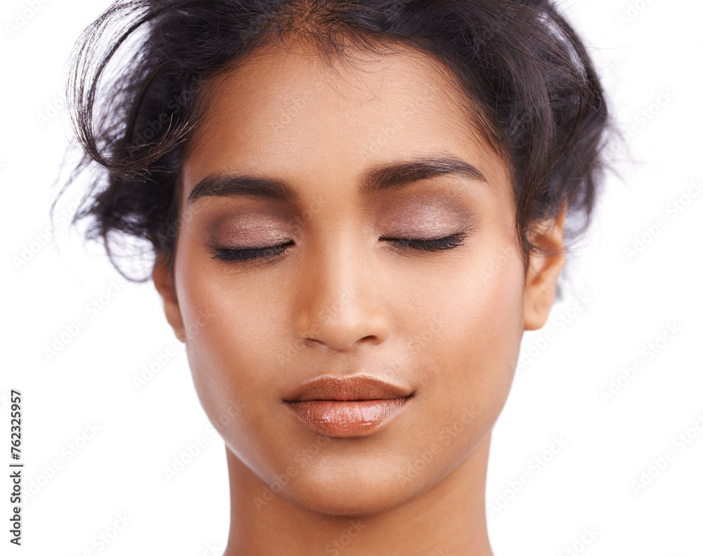 Beauty, eyes and Indian woman in studio for makeup glamour, cosmetics or wellness on white background. Face, calm or female model with glowing skin, results or cosmetology, shine or satisfaction Beauty, eyes and Indian woman in studio for makeup glamour, cosmetics or wellness on white background. Face, calm or female model with glowing skin, results or cosmetology, shine or satisfaction