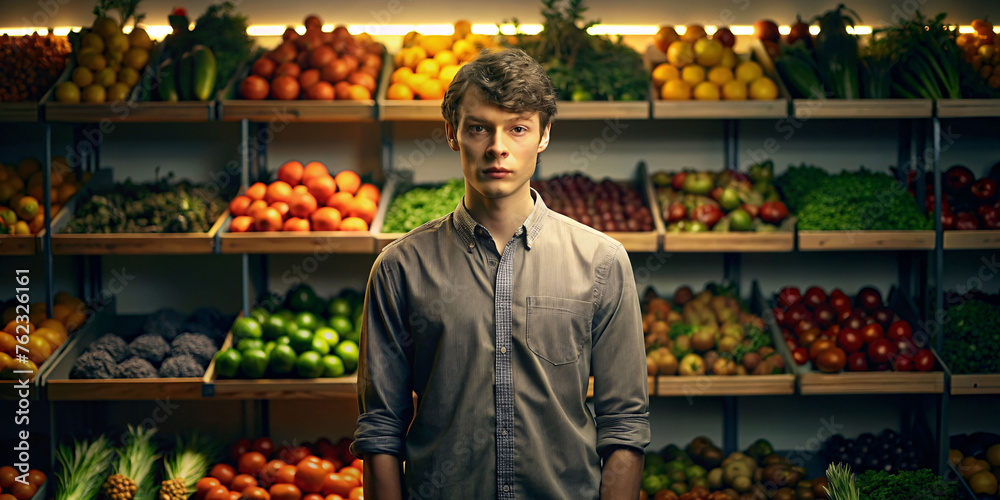 Young adult man standing in front of a large shelf of organic fruits and vegetables, vibrant colors but with his back to the camera
