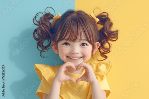 happy little girl making heart shape by hand on pastel background