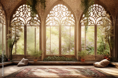 Digital art of a fantasy room with arched windows and pink flowers outside the windows.