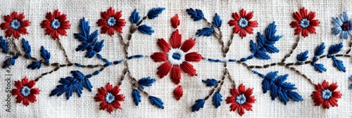 Intricate Scandinavian embroidery, a blend of red and blue