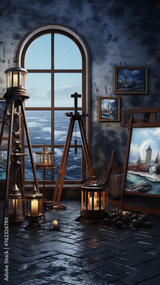 Mystical foggy artist's studio with paintings on easels and bright lanterns
