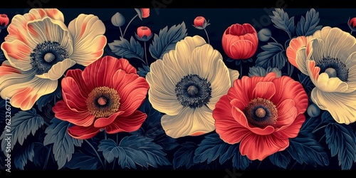 Floral pattern, typographic art, banner on black background photo