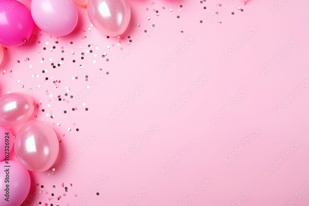A festive composition of pink and metallic balloons with scattered confetti on a soft pink background.