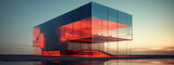 3d rendering of a modern glass house with red and blue accents