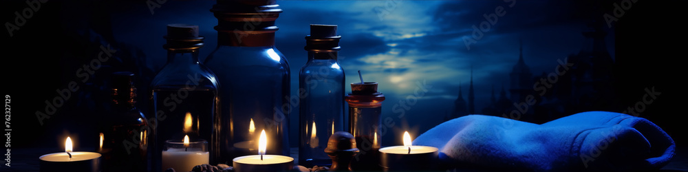 A dark blue background with a silhouette of a castle, candles, and a towel. A dark blue background with a silhouette of a castle, candles, and a towel.