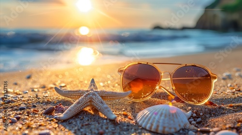 Sunglasses and starfish on sand at sunset beach