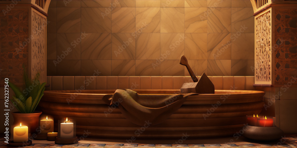 3D rendering of a luxury bathroom with a wooden bathtub, candles, and a plant in a pot.