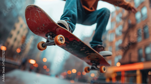 Wide closeup photo from below, an active skateboarder performing at a middle of park, action in the air with jeans and sneakers shoes photo