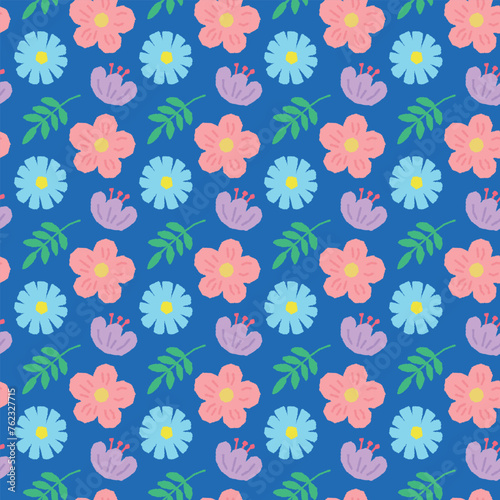 Illustrated background of hand-drawn flowers, leaves, nature, and plant patterns in a colorful and cute doodle style.