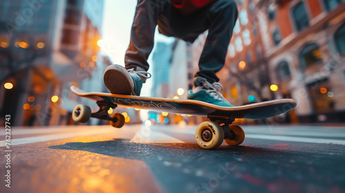 Wide closeup photo from below, an active skateboarder performing at a middle of park, action in the air with jeans and sneakers shoes