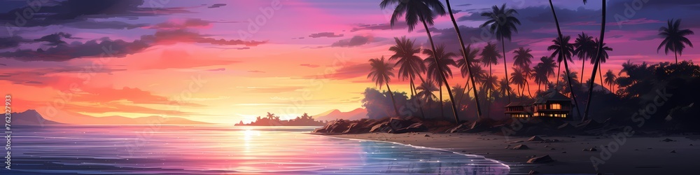 At the edge of paradise, a pristine beach bathes in the warm light of the setting sun. The sky is a canvas of pastel colors, reflecting in the gentle waves that kiss the shore. 