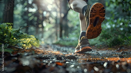 a forest trail run with an image showcasing unbranded running shoes, highlighting the realism of the highly detailed forest floor in exquisite detail.
