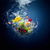 Underwater still life of a plastic bag with vegetables and fish on a blue background.