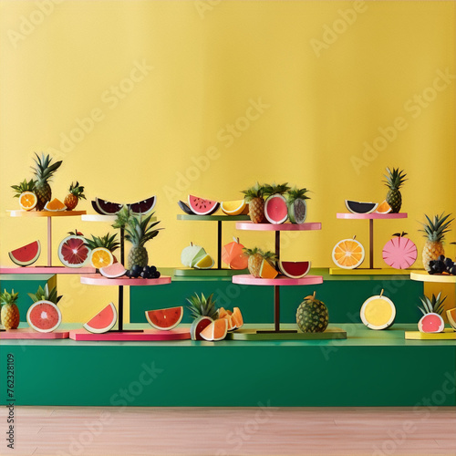 Colorful still life of various fruits on green and yellow background, 3d render. © hendoubou