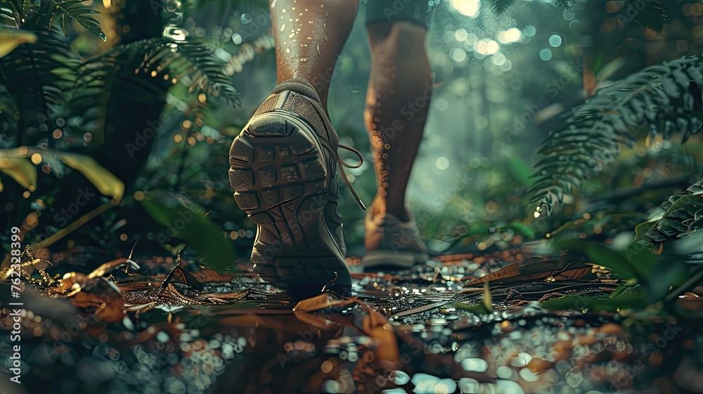 a forest trail run with an image showcasing unbranded running shoes, highlighting the realism of the highly detailed forest floor in exquisite detail. - obrazy, fototapety, plakaty 