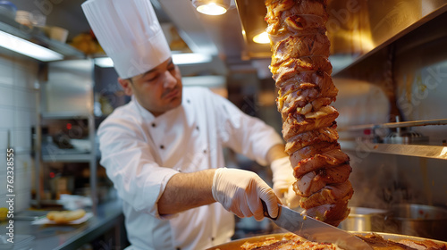 A professional chef in a traditional white hat skillfully slices meat from a rotating shawarma grill in a bustling kitchen.