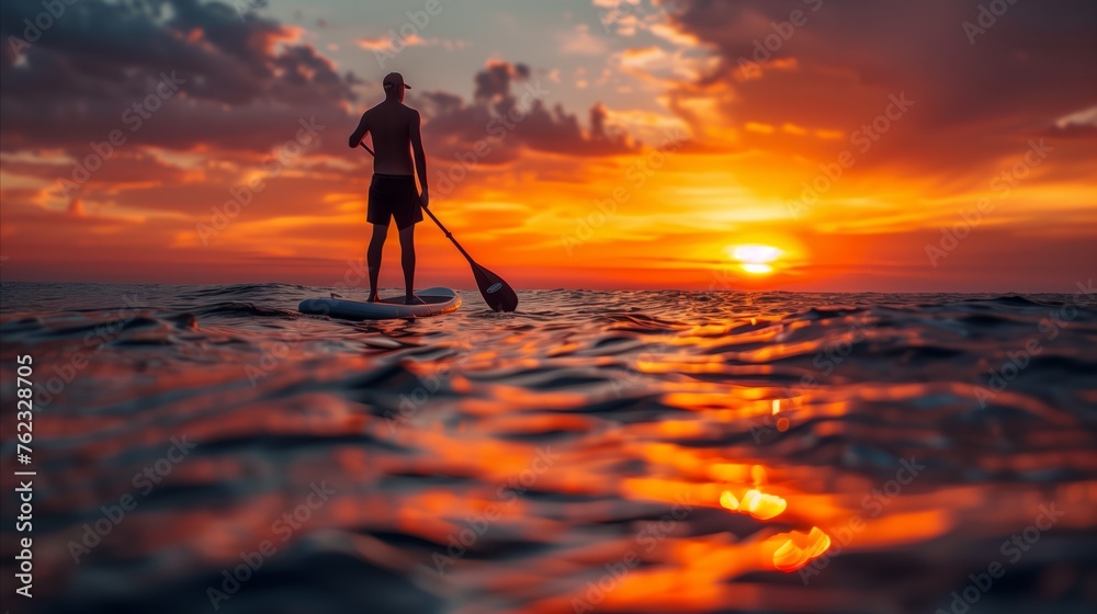 Solo paddleboarder enjoying a peaceful sunset on the ocean