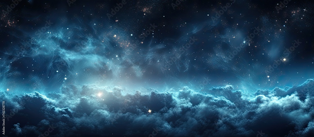 Astronomical objects sparkle in the midnight sky as electric blue clouds blend with a sea of stars, creating a mesmerizing atmosphere filled with gas and atmospheric phenomena Astronomical objects sparkle in the midnight sky as electric blue clouds blend with a sea of stars, creating a mesmerizing atmosphere filled with gas and atmospheric phenomena