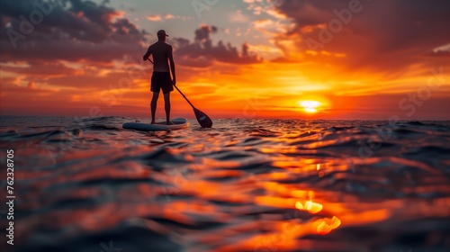 Solo paddleboarder enjoying a peaceful sunset on the ocean © Mustafa