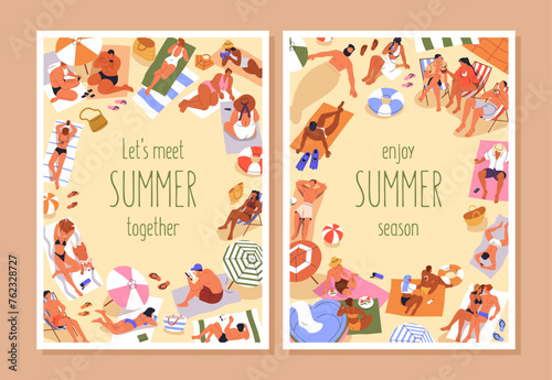 Summer holiday beach, poster backgrounds. People sunbathing, relaxing on sand...
