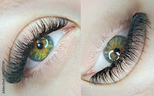  eye with eyelash extensions ,beauty salon treatment .macro.collage. photo