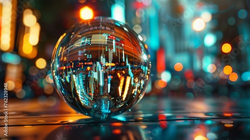 Crystal ball reflecting stock market charts