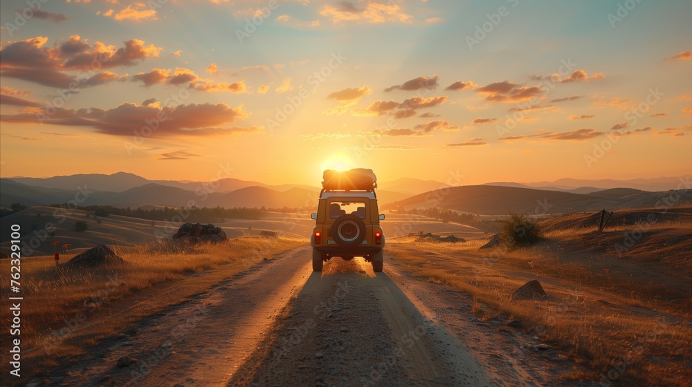 Sunset Road Trip in Rugged Landscape with Off-Road Vehicle