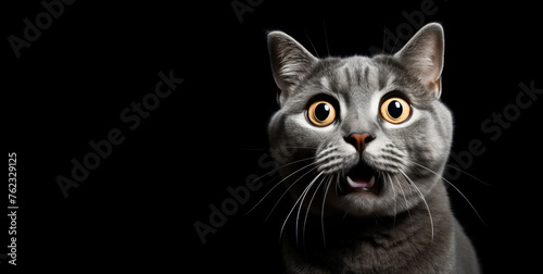 Portrait of a surprised short-haired cat with an open mouth on a black background.