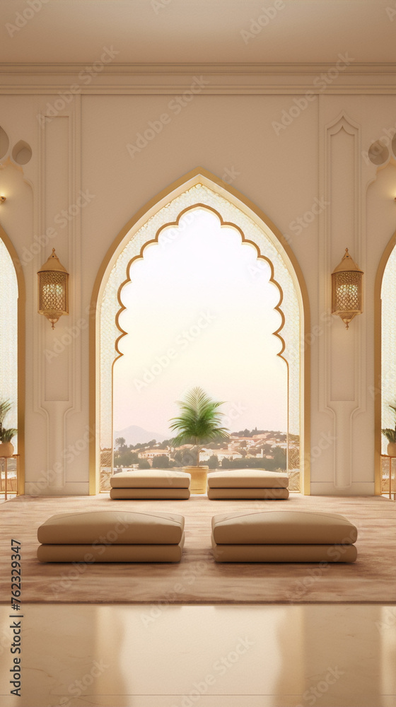 Luxury pillows and seats in a middle eastern style room with large windows