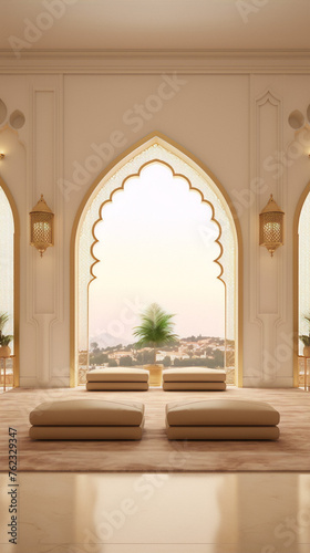 Luxury pillows and seats in a middle eastern style room with large windows