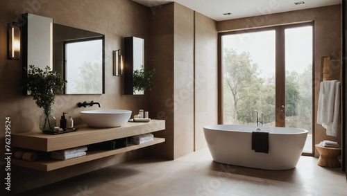 Modern beige bathroom interior accentuated by a chic sink fixture, blending simplicity with sophistication for a harmonious bathing experience. © xKas
