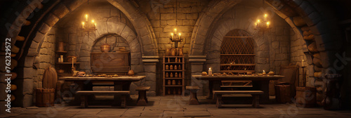 Carta da parati A digital painting of a medieval tavern interior with stone walls, wooden furniture, and candlelight