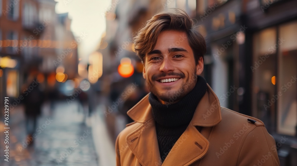 Fashionable young man wearing a trench coat on a city street Fashionable young man wearing a trench coat on a city street