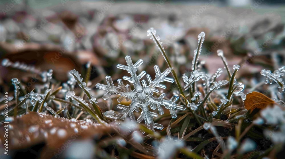 Macro shot of intricate snowflakes glistening on grass