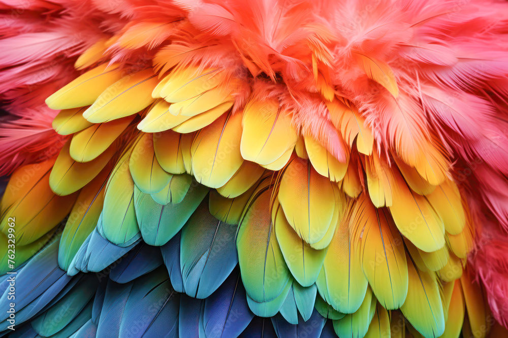 Colorful Feather Rainbow. An abstract and vivid composition of multicolored parrot feathers creating a rainbow-like pattern. Colorful Feather Rainbow. An abstract and vivid composition of multicolored parrot feathers creating a rainbow-like pattern.